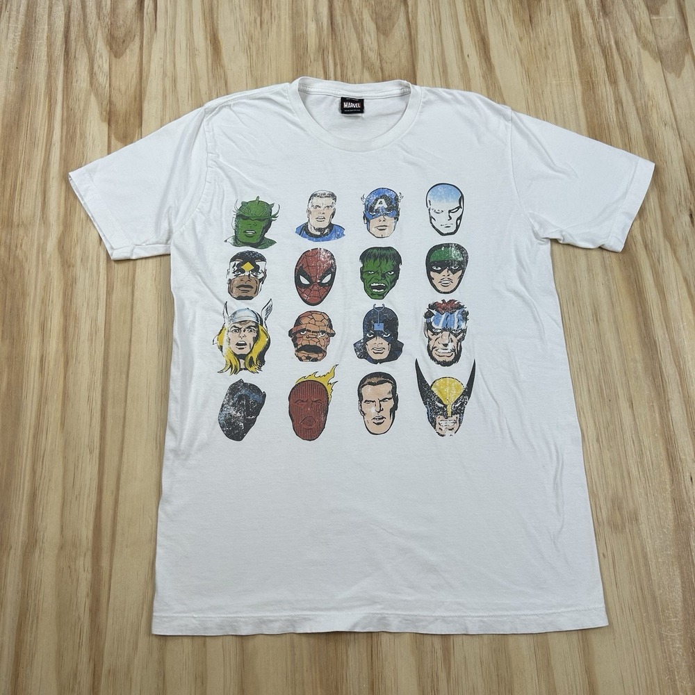 Vintage Y2K Marvel Mad Engine Superhero Faces T Shirt White Large Graphic Tee